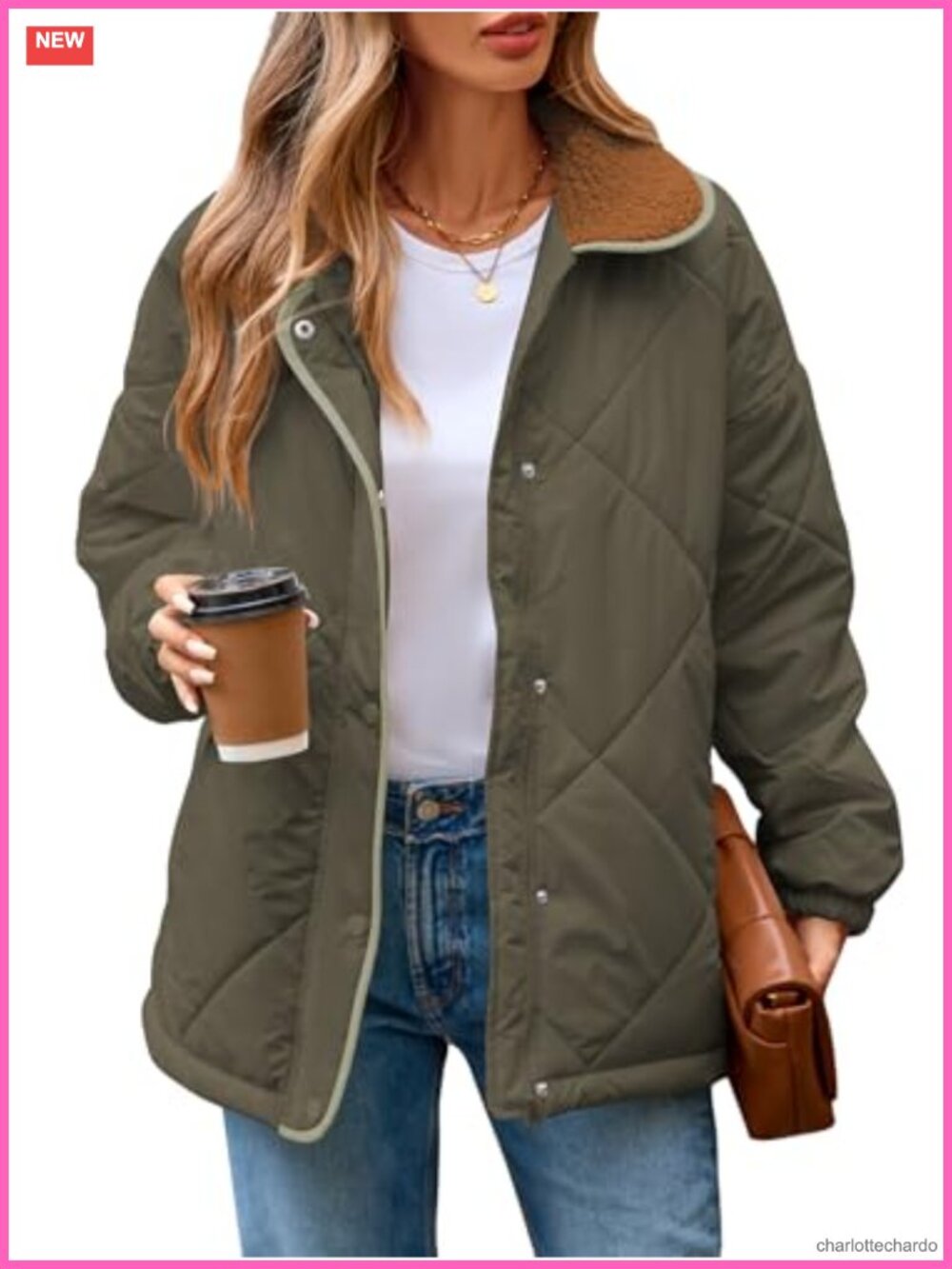 Women's Long Sleeve Quilted Jacket Zip Snap Button Padded Coat